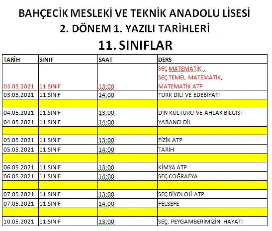 2.Dönem 1.Ortak Sınav Tarihleri - Bahçecik Mesleki Ve Teknik Anadolu Lisesi